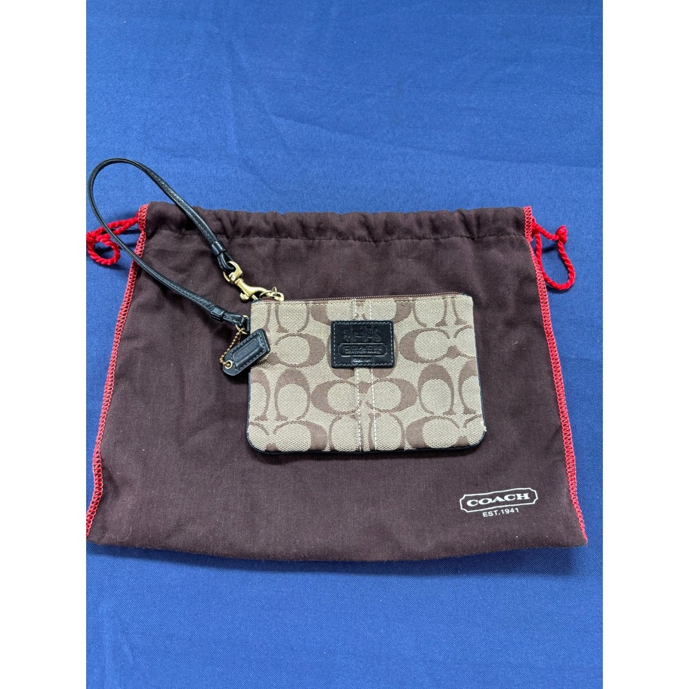 Coach Signature C Khaki Canvas Wristlet Small Wallet Brown Leather Trim Plaid